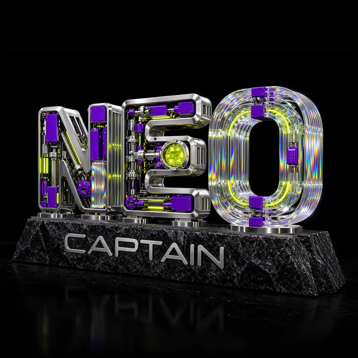 NEO CAPTAIN 機械玻璃立體字主視覺，象徵氖機智造的 AI 創作品牌